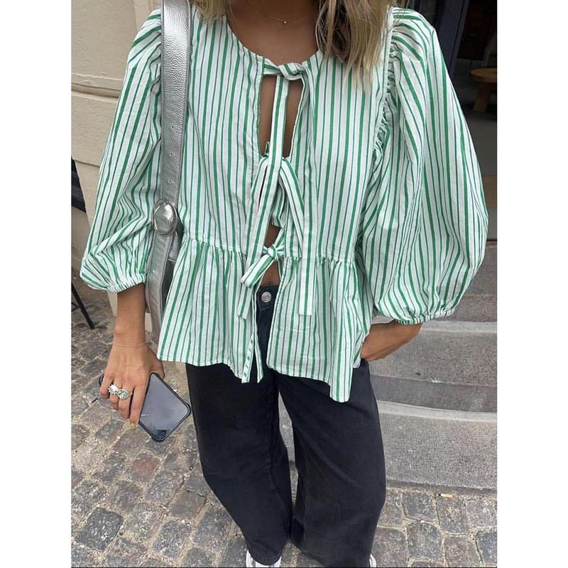 Springcmy Women Y2K Puff Sleeve Peplum Shirts Tie Front Ruffle Hem Babydoll Blouse Tops Tee Lace up Summer Tops Streetwear 5