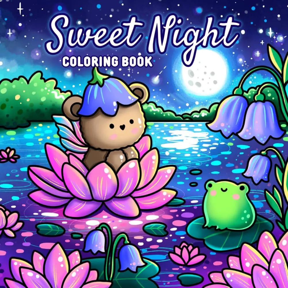 Sweet Night: A Hand-Drawn Coloring Book for All Ages - 42 Magical Illustrations of Starry Skies, Cute Animals, and Peaceful Night Scenes