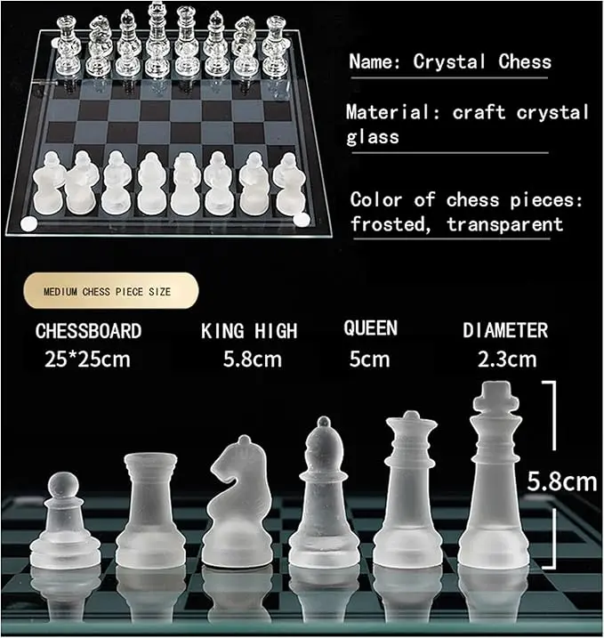 Glass Chess Set, Frosted Polished Glass Chess Board Set Glass Chess and Concepts Set Crystal Chess Board Youth Adults Play Set, Classic Chest Pieces Board Case, Board Game for Family, Friends, Adults, Gift, Christmas, Thanksgiving 2