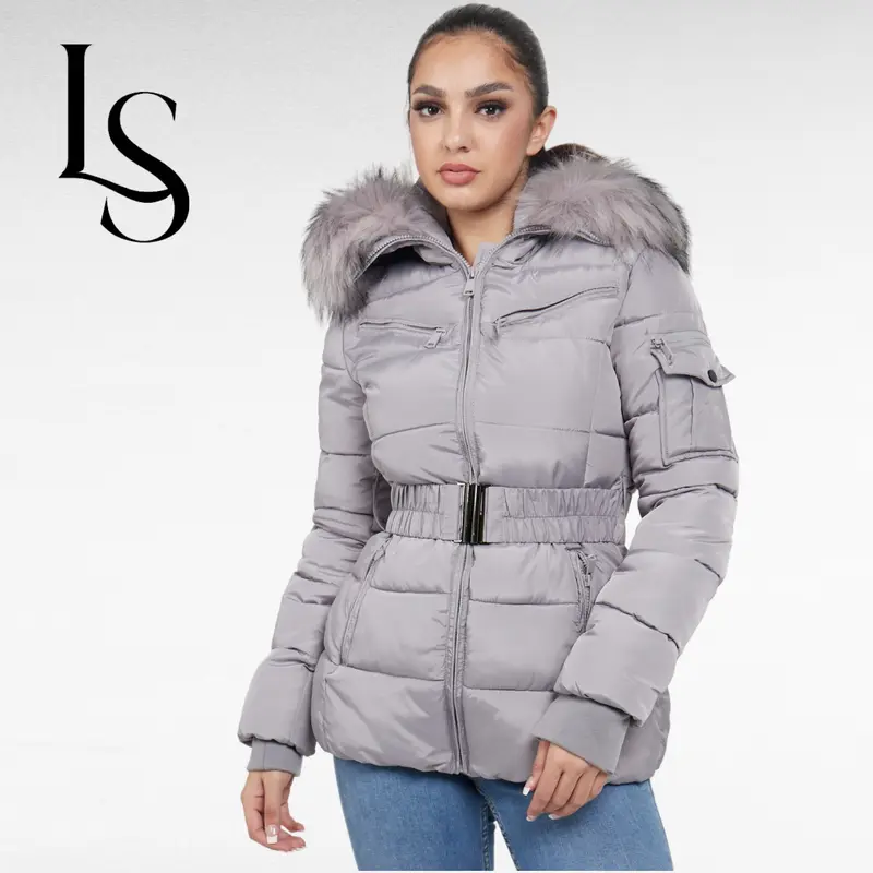 Love Sunshine Shiny Belted Puffer Coat with Faux Fur hood Fitted Pocket Jacket Women Womenswear Outerwear 5