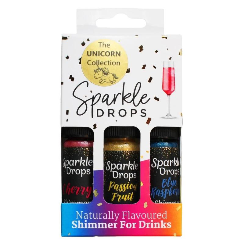 Sparkle Drops Unicorn Collection (Blue Raspberry, Passion Fruit & Cherry) Shimmer Syrup for Drinks-Prosecco, Gin, Vodka, Cocktails & Mocktails - 18-24 Servings. (Dairy Free, Fruity, Low Fat, Natural Flavours) Beverage Sweet edible glitter Set 1