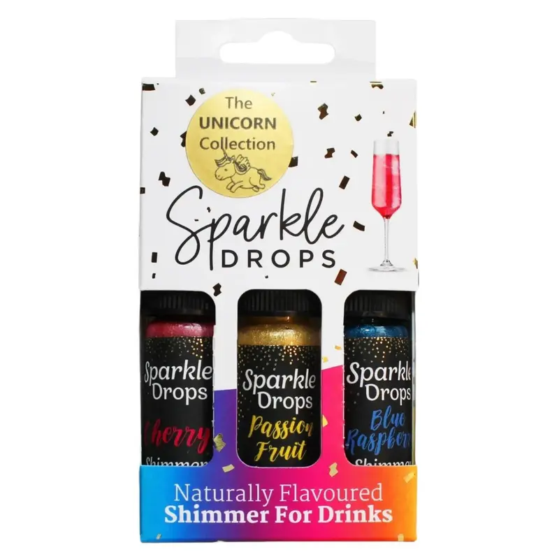 Sparkle Drops Unicorn Collection (Blue Raspberry, Passion Fruit & Cherry) Shimmer Syrup for Drinks-Prosecco, Gin, Vodka, Cocktails & Mocktails - 18-24 Servings. (Dairy Free, Fruity, Low Fat, Natural Flavours) Beverage Sweet edible glitter Set 1