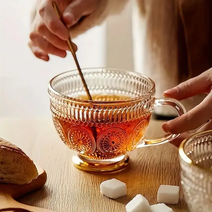 6pcs Set Vintage-Inspired Crystal Glass Cups with Handles - Lead-Free, Sun Pattern Design for Coffee, Cereal, Milk & Oats - Perfect for Parties & Gifts, 10.99oz Drinkware