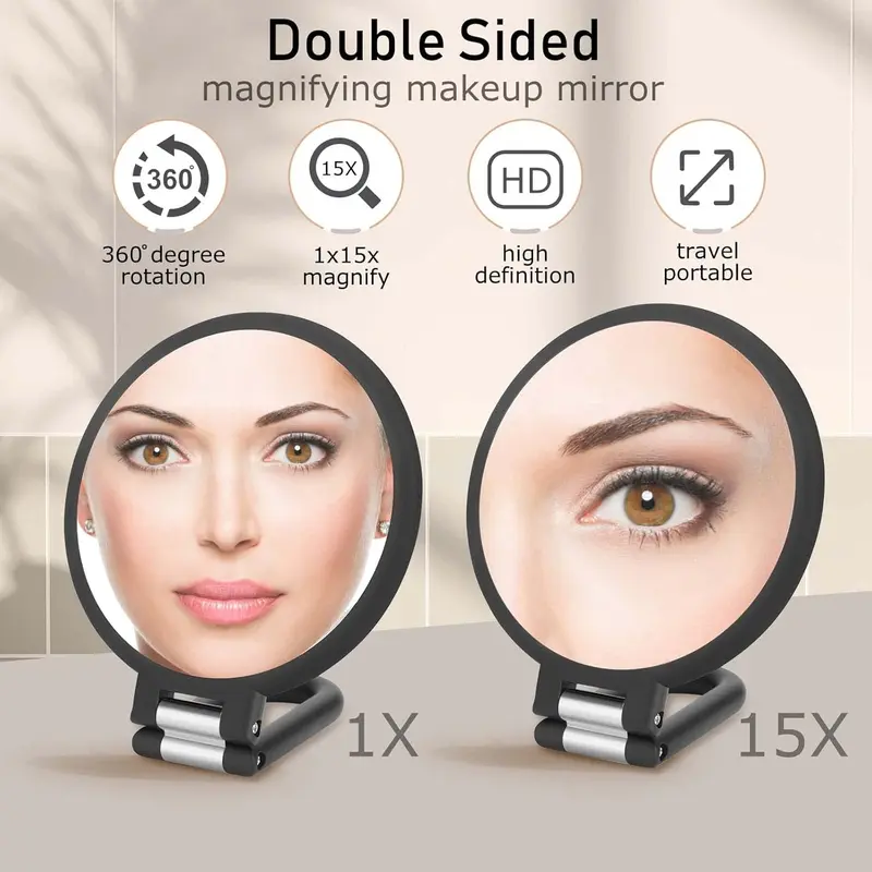 CLSEVXY Magnifying Handheld Mirror Double Sided, 1X 15X Magnification Mirror, Travel Folding Hand Held Mirror, 360°Rotation Pedestal Makeup Mirror Vanity Mirror 4