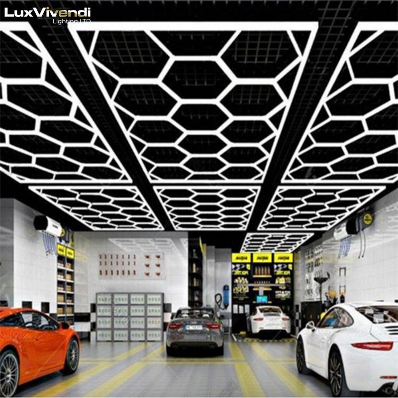 LuxVivend-Hexagon garage Light 6500K 680W 14grid Workshop Autoshop with White Border for Gym Garage Basement Warehouse Car Detailing Shop 8