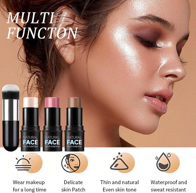 Product Introduction of Contour, Highlight, and Blush Stick Set - 3pcs with Brush, Long-Lasting Formula, Waterproof, Lightweight, Multi-Stick Face Makeup Ideal for All Skin Types Bronzer Smooth Brightening Cream 1