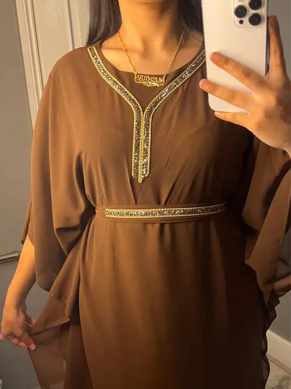 Ladies Girls Muslim Fashion Solid Belt Kaftan Elegant Long Sleeves Abaya 3