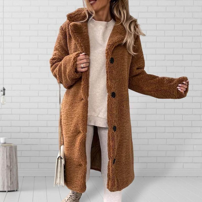 Trendy Women Overcoat Autumn Winter Women Trench Coat Long Style Pure Color Single-breasted Teddy Jacket  Windproof 3