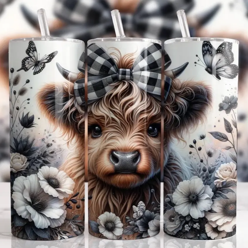 Highland Cow Metal Tumbler Black and White Tartan Bow Stainless steel/ Metal Straw