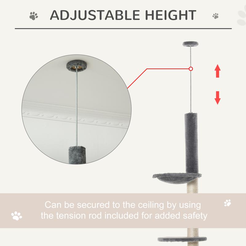 PawHut 270cm Floor To Ceiling Cat Tree Cat House Scratching Post for Indoor Cats Hammock Hanging Ball Activity Center Grey 4