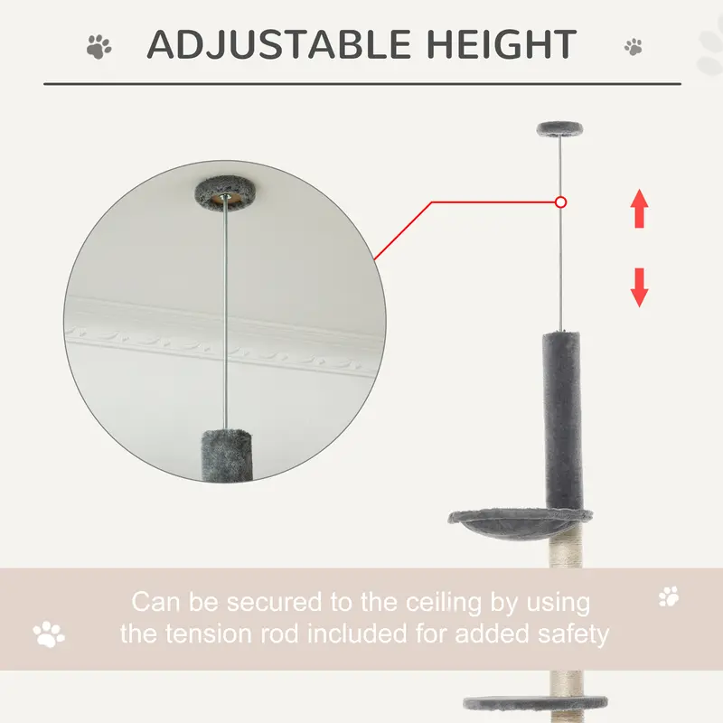PawHut 270cm Floor To Ceiling Cat Tree Cat House Scratching Post for Indoor Cats Hammock Hanging Ball Activity Center Grey 4