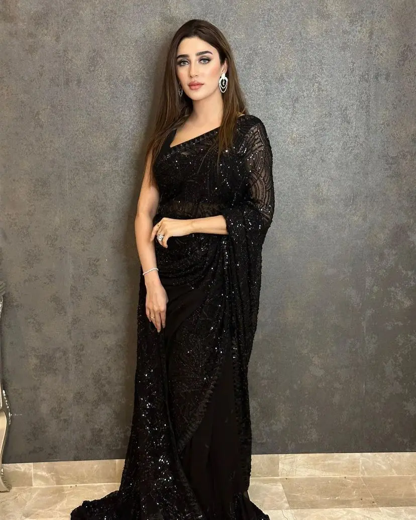 Women's Black Georgette Cocktail Saree with Embroidery and Sequance Work Womenswear