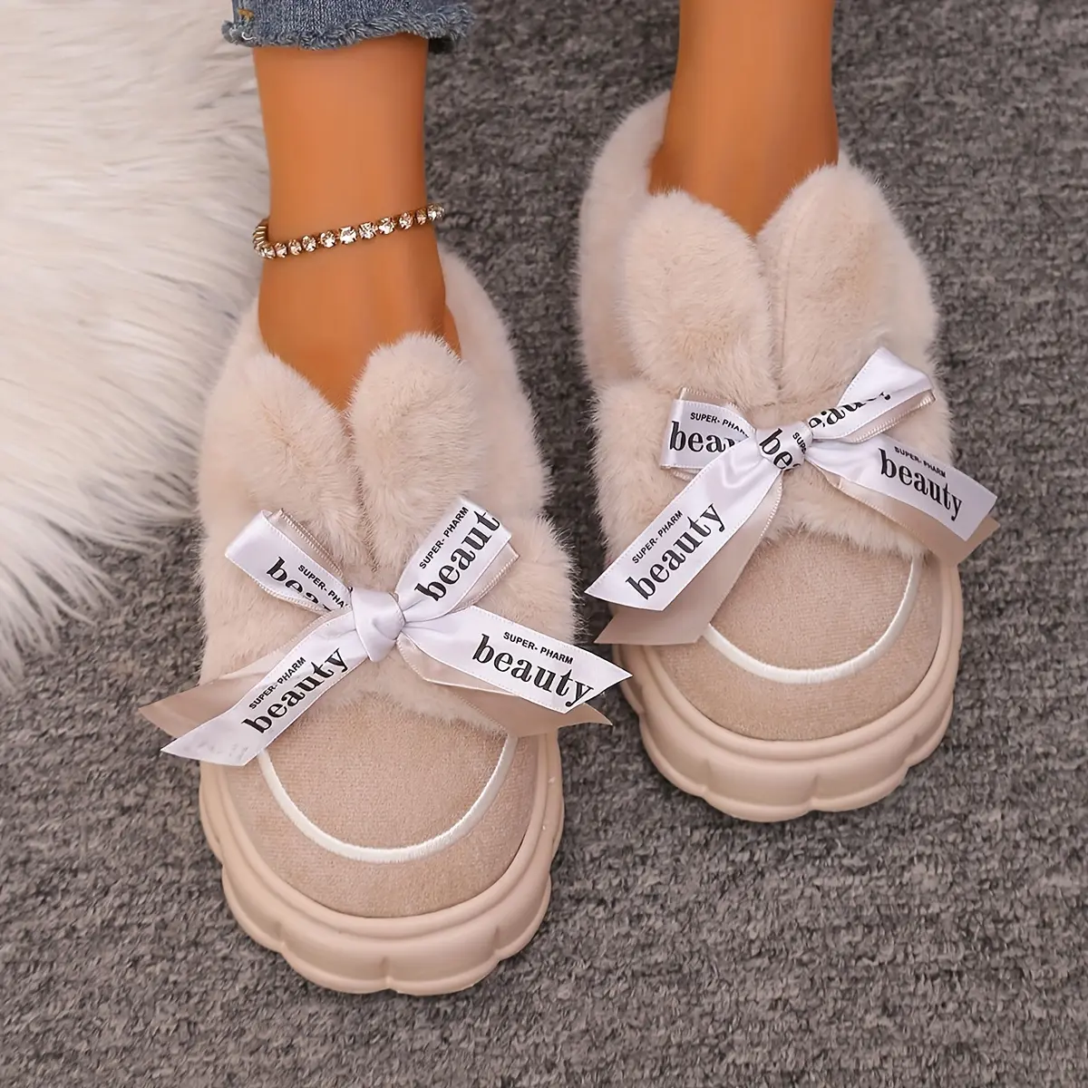 Non-Slip Thick Sole Cozy Women's Winter Slippers With Bow - Plush Lining, Warm & Comfortable Indoor Shoes