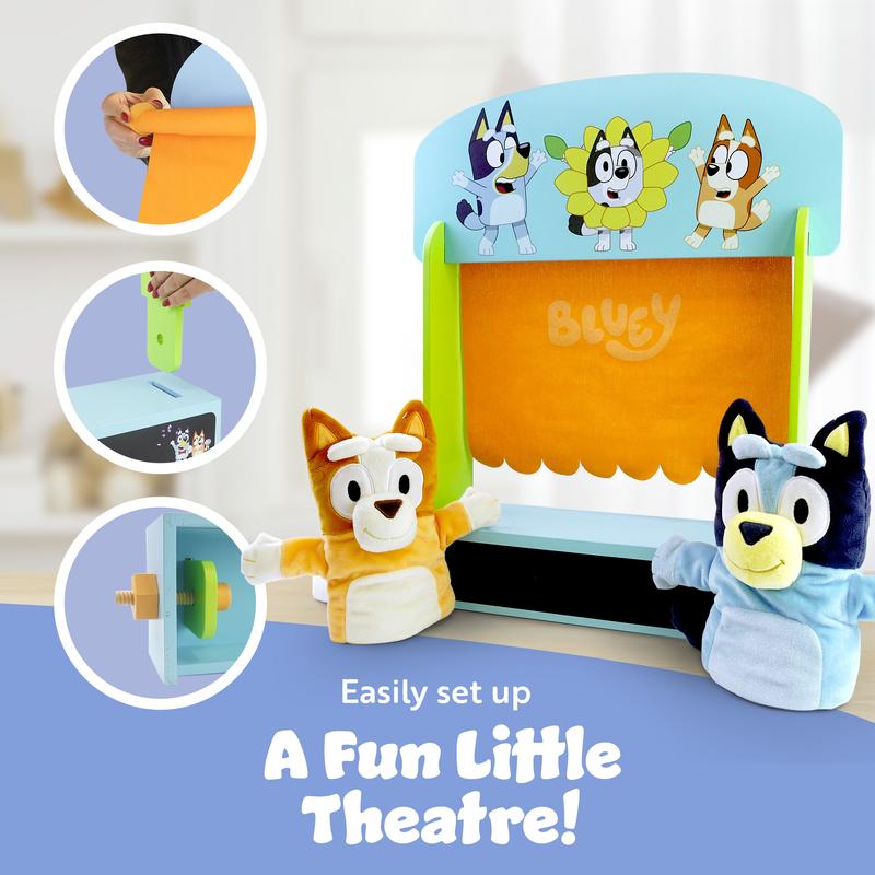 Bluey Wooden Puppet Theater Playset - FSC-Certified Wood, Includes 2 Hand Puppets, Chalk & Curtain, Eco-Friendly Toy for Kids 3+, Compact & Easy to Store, Inspires Imagination & Storytelling 4