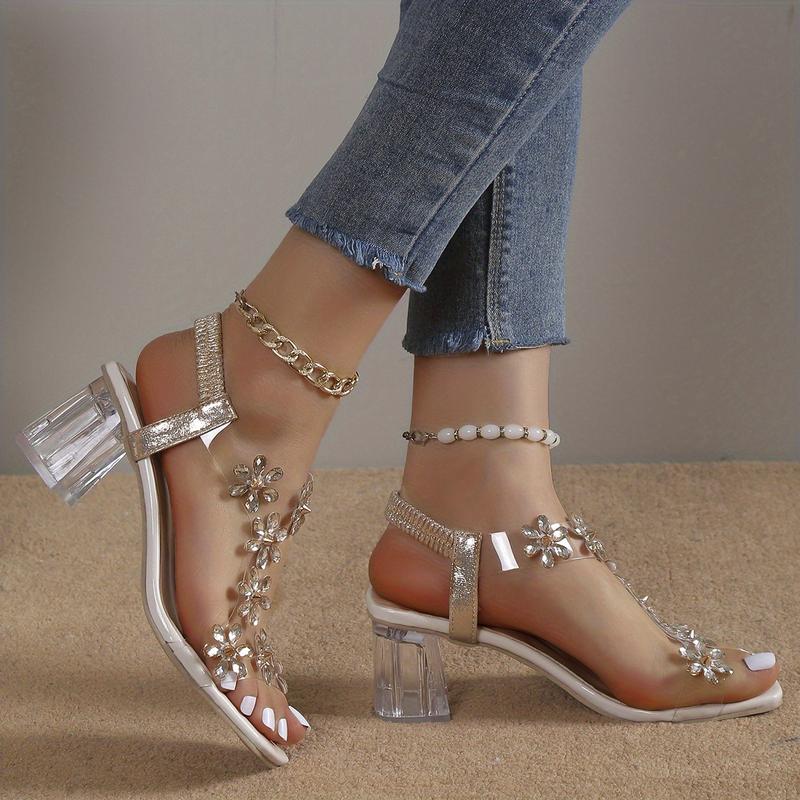 Women's Flower Rhinestone Block Heel Sandals, Fashion Square Open Toe Elastic Strap Slip On High Heels, Versatile Sandals 4