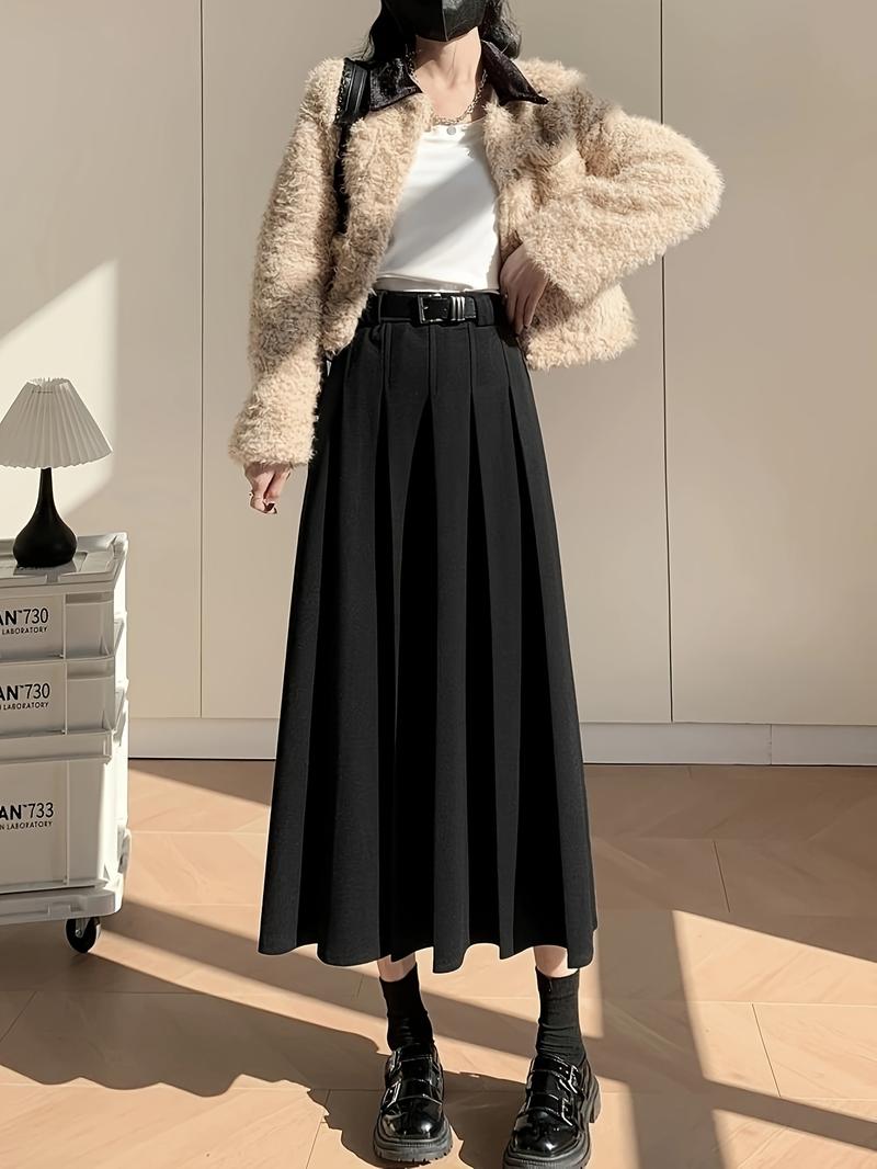 Product Introduction of Chic A-Line Pleated Midi Skirt - 100% Polyester Solid Color Woven Fabric, Beltless Design for Fall/Winter Fashion, Stylish and Comfortable Wear for Women 4