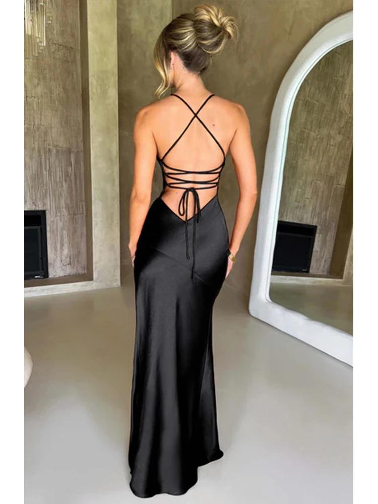Product Introduction of Bandage Backless Elegant Dress Split Hem Spaghetti Strap Slim Cocktail Party Club Fashion Satin Solid Lace-Up Long Dresses 9