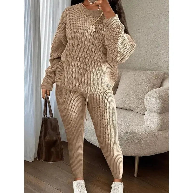 Solid off shoulder long sleeve sweater top & drawstring waist pant set, Hidden belly clothing, casual fashion and comfortable knitwear, everyday outdoor clothing, clothing for women, back to school supplies, modest clothing Womenswear Suits
