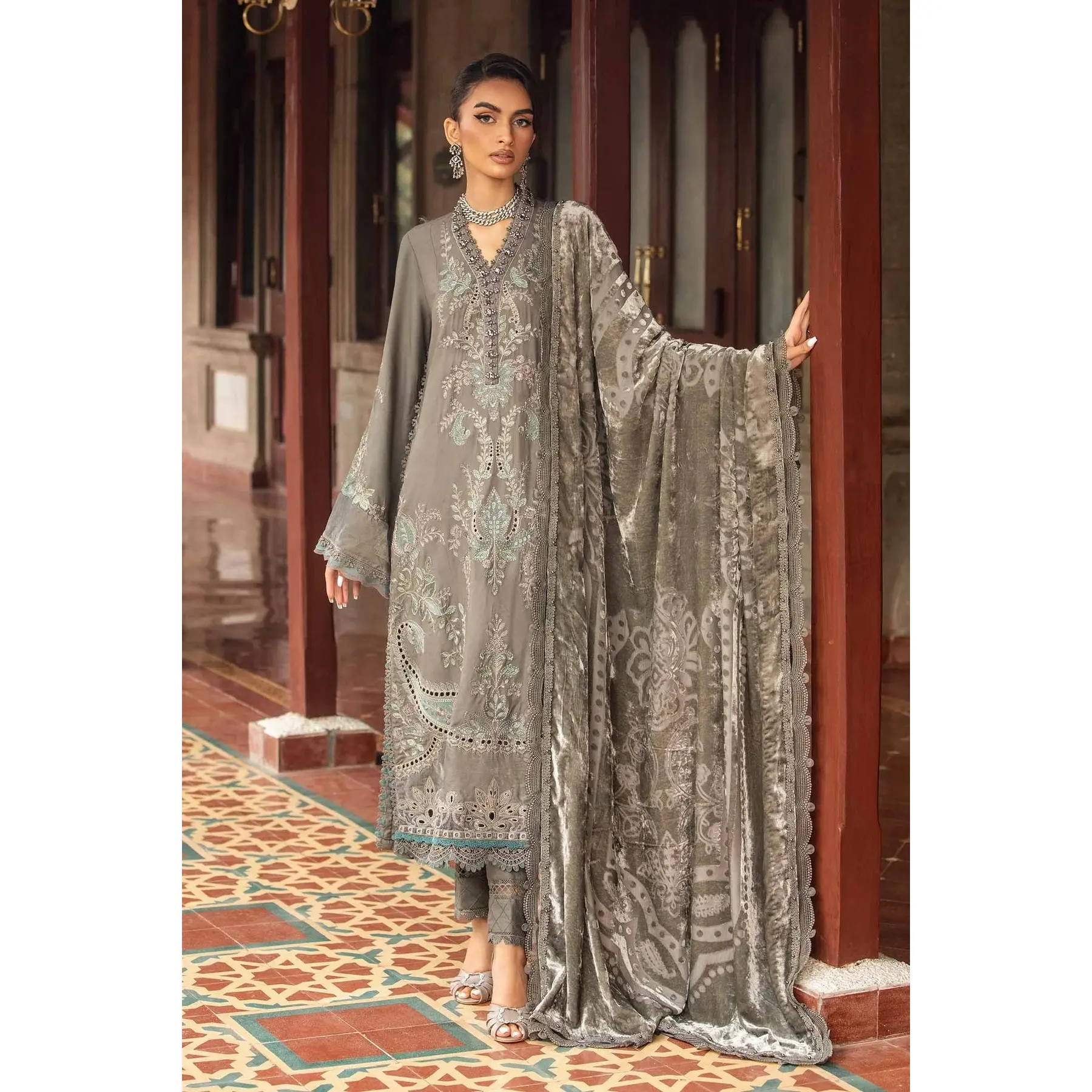 Maria B Inspired | Embroidered Raw Silk Readymade  | AL472 (Grey)