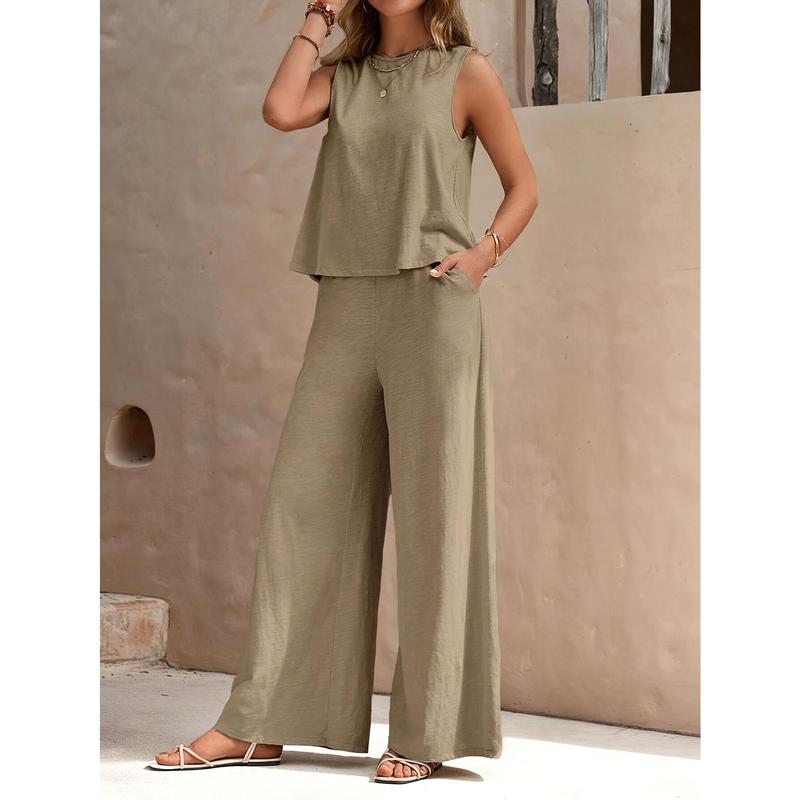 Solid Elegant Two-piece Set, Sleeveless Tank Top & Wide Leg Loose Pants Outfits, Women's Clothing 2