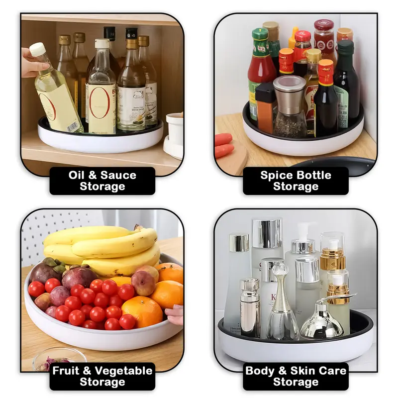 AEX Turntable Cupboard Organiser Rotating Shelf Organiser Kitchen Revolving Storage Racks Lazy Susan for Pantry Cabinets Fridge Makeup & Craft Accessories Holder Black Grey spinning organizer  Waterproof 2