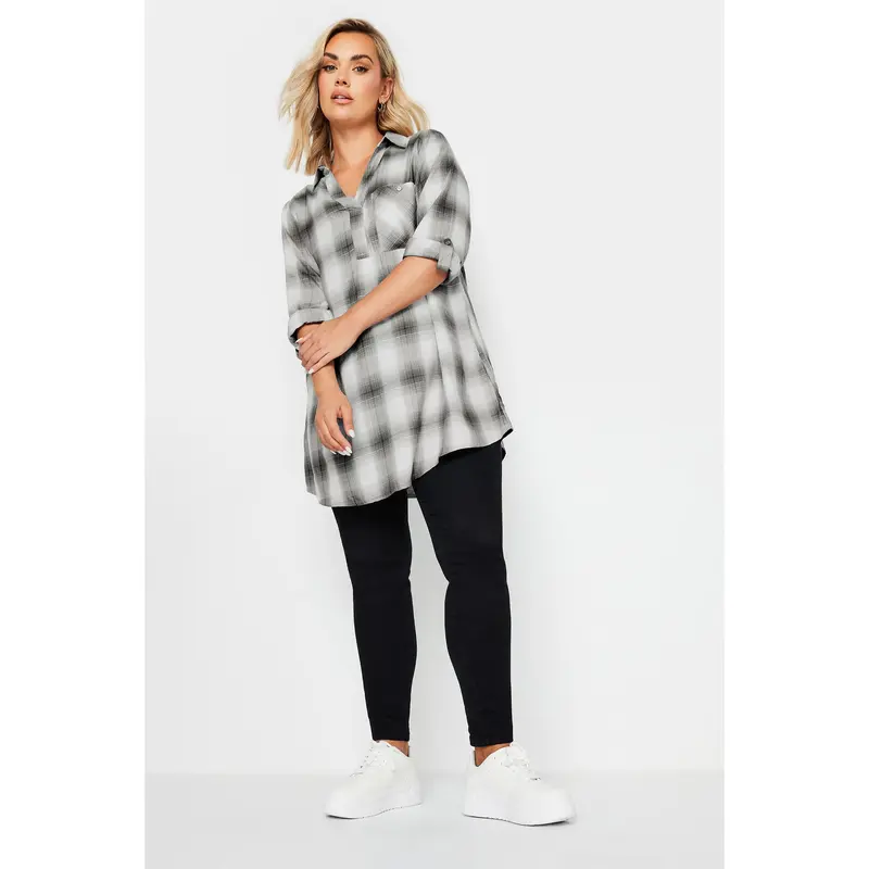 YOURS Curve Black and Silver Metallic Check Print Shirt 2