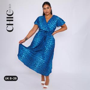 ChicHero Blue Leopard Print Wrap Over Top Midi Dress with Adjustable Belt Details Boho Casual Clothes Womenswear Cute Elegant Short Sleeves
