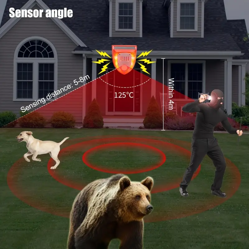 1pc Solar-Powered Motion Sensor Alarm, 129dB Siren & Dog Barking Sound Alert, 6 Red LED Flash Warning Strobe Light, Security System For Farm, Villa, Home, Yard, Barn, Outdoor Safety, PIR Sensor, Within 157.48inch Range 2