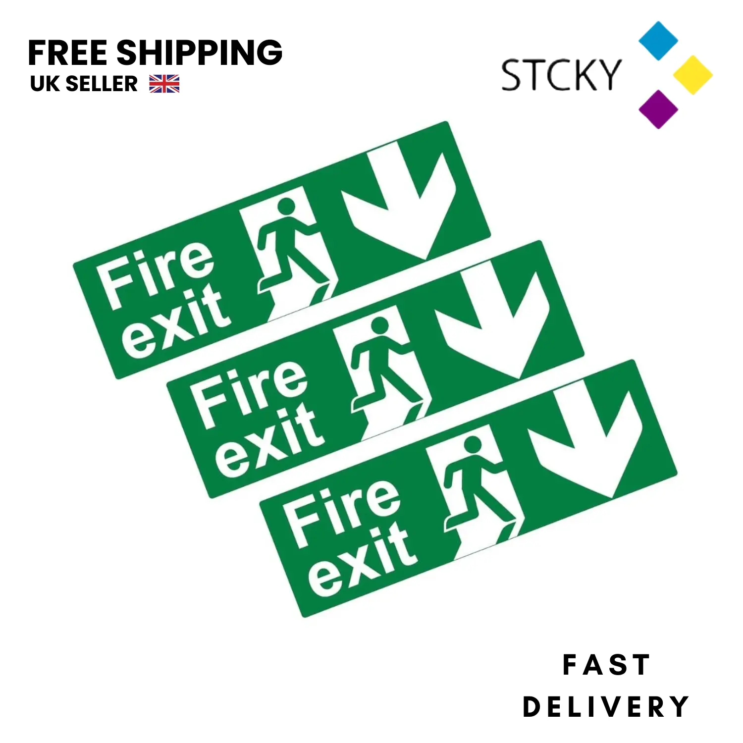 Stcky Fire Exit Sign - 30cm x 10cm - Pack of 3 - Self Adhesive Vinyl Signs Decor black  notebook