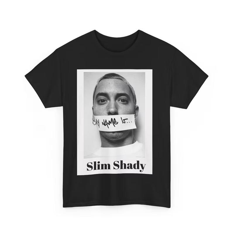 EMINEM T-Shirt, Eminem Slim Shady Graphic T-shirt, Marshall Mathers, Eminem 90s Hip Hop T-Shirt, Eminem Hip Hop Rapper, Rap Concert Shirt Classic Cotton Fabric Menswear Top Collar Ribbed Print 1