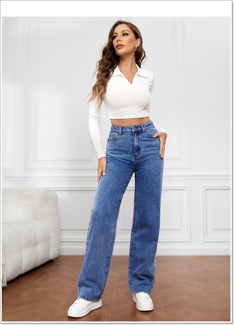 Product Introduction of Women Jeans Straight Pants Denim Washing High Waist Loose Fit Pockets Basics Ankle Length Pants Solid Color Slight Strech 5