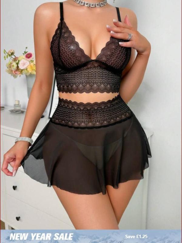 Valentine's Romance: Wireless & Mesh 2-Piece – Feel Sexy & Confident in Luxury Women's Wear Comfort Womenswear Basic Minimalist romantic premium spicy outfit lace lingerie set super Black 1