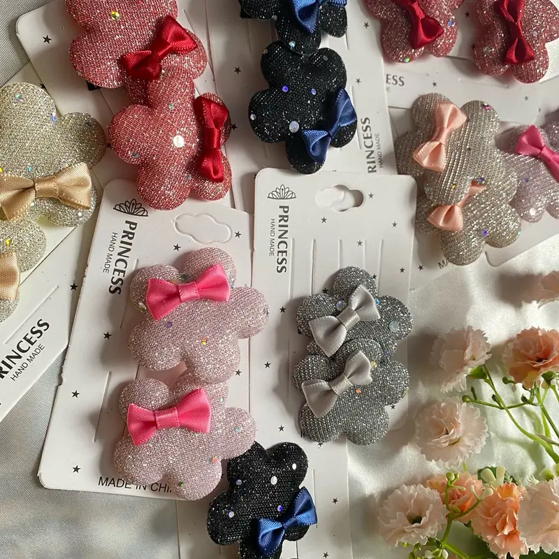 Flower shaped soft shiny bow style Pair of hair pins for girls fashion 6 colours 1