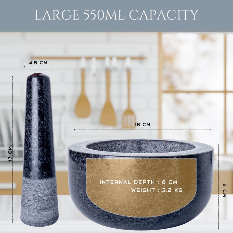 Homiu Granite Stone Pestle And Mortar Set - Large 16cm Diameter For Spice Herb Seed Crushing - Premium Kitchenware Utensils Bowl Grinding Reusable 2