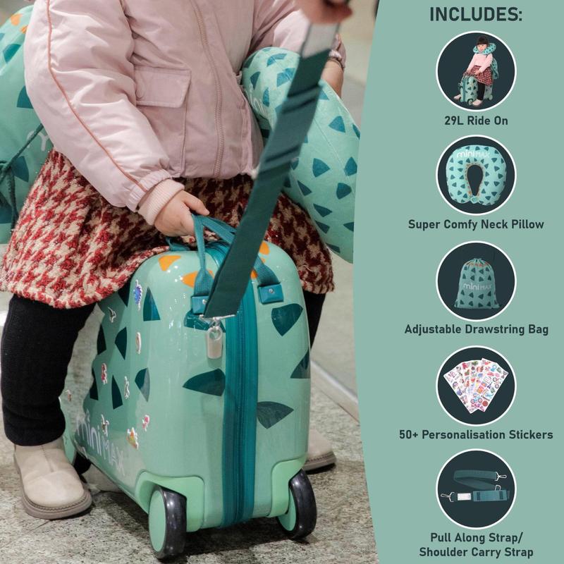 Aerolite MiniMax Childrens Ride-On Suitcase Fits 45x36x20cm Easyjet Maximum Size Kids Hand Luggage With Wheels 29L, Free Neck Pillow, Travel Bag & Stickers (Green) 3