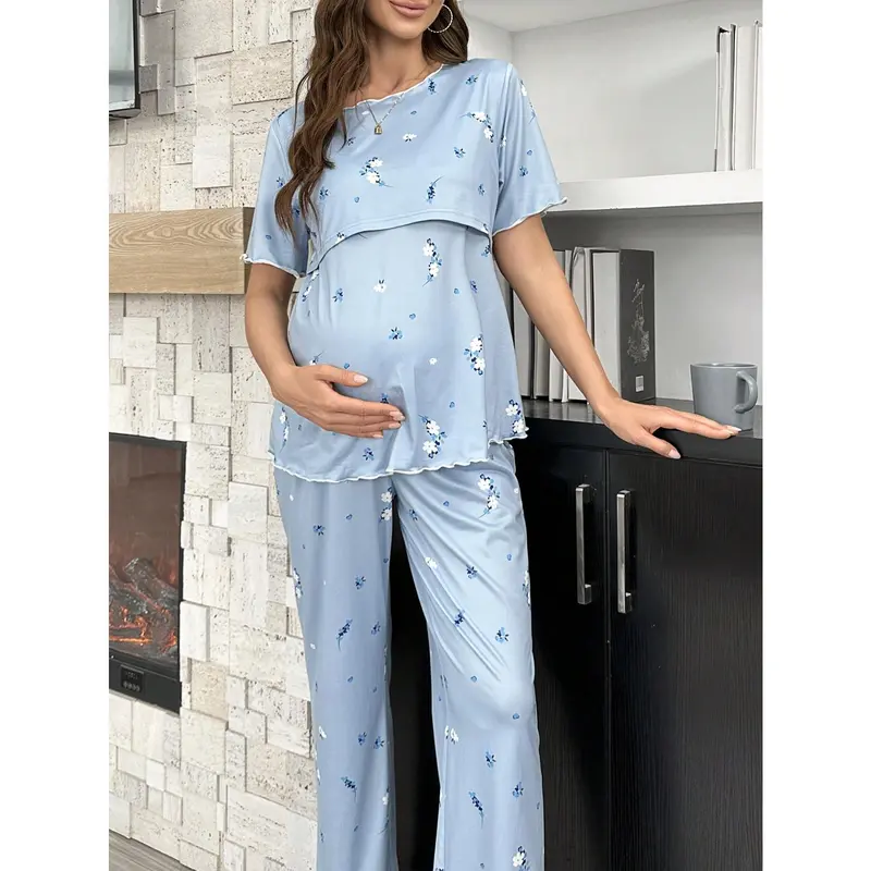 Underwear&Sleepwear Maternity Floral Pattern Nursing Short Sleeve Top And Long Pants Maternity Pajama Set 2