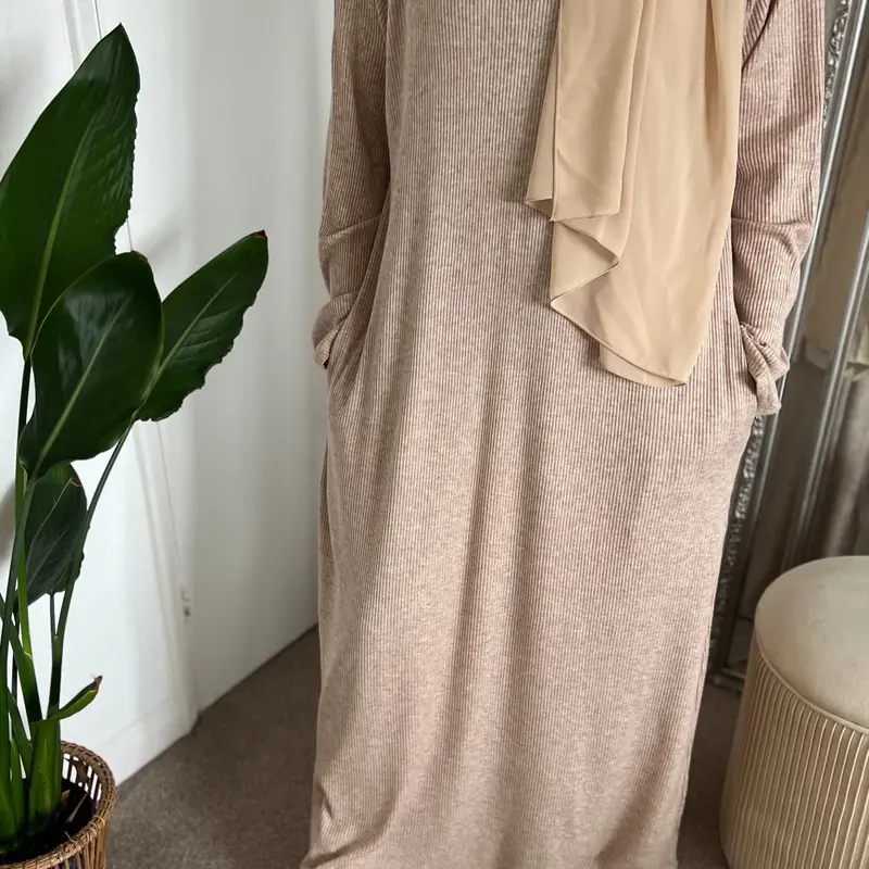 Oatmeal Ribbed Abaya with Pockets and Matching Chiffon hijab winter abaya casual abaya work modest fashion plain minimalist ramadan 1