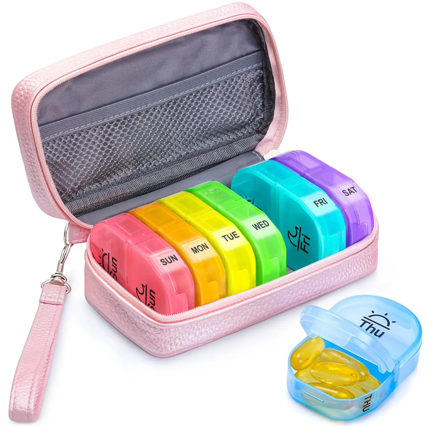Pink PU Leather Bag Pill Boxes 7 Day 2 Times a Day, Large AM/PM Pill Box Organiser with Portable Zipper Leather Bag for Holding Supplements, Vitamins and Fish Oils