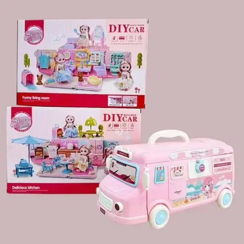 Dollhouse Dream House for Girls, Portable Caravan Motorhome Bus Toy Dollhouse with Doll and Furniture, Playhouse Playroom Dolls Toy for Children from 3 Years, Random Clothing 4