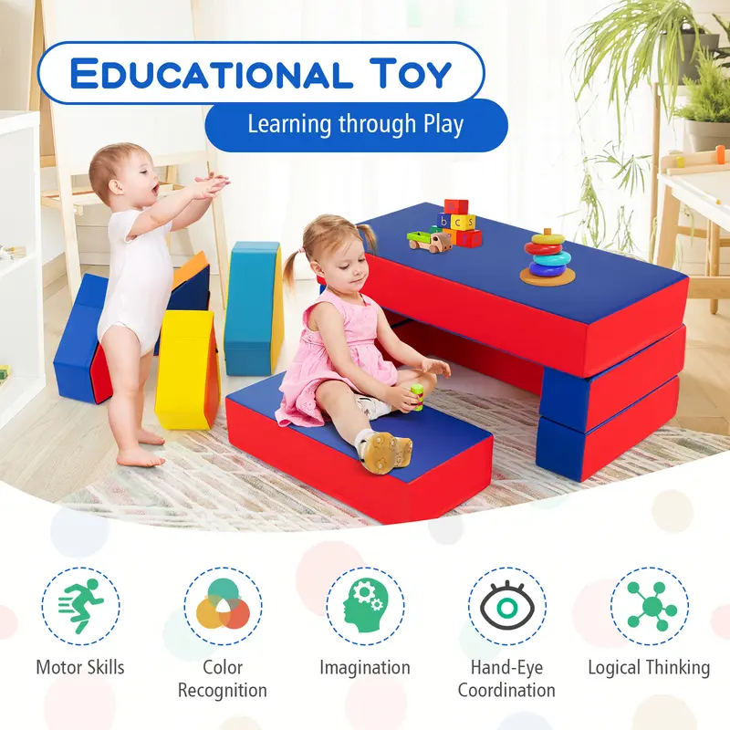 COSTWAY 4-in-1 Convertible Foam Couch Play Set with Skin-friendly PU Leather Cover and Zippers 6