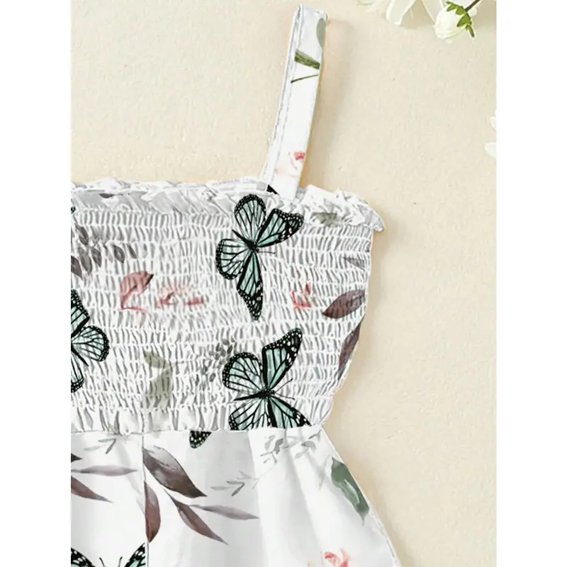 Young Girl Summer New Butterfly Printed Shirred Detail Strap Jumpsuit 3