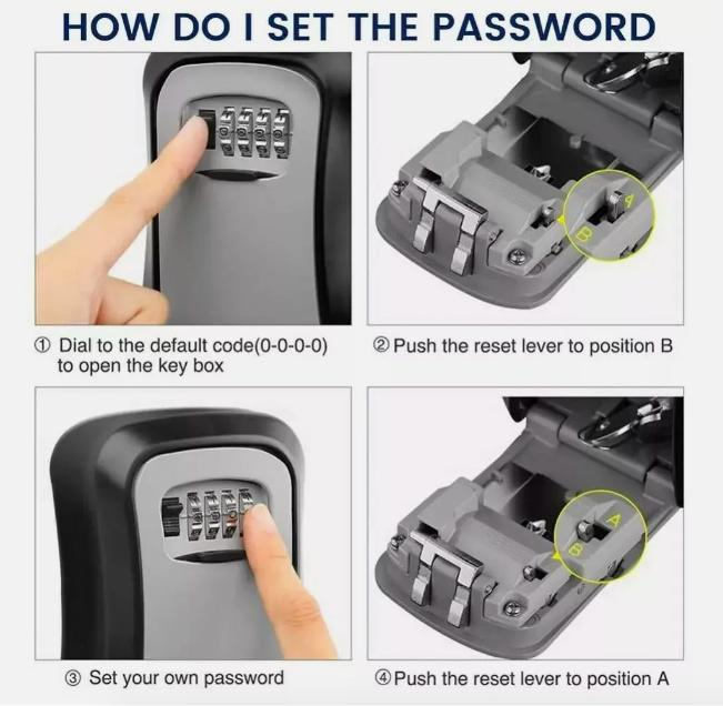 Product Introduction of Wall Mounted Key Safe, Outdoor Security Key Lock Box 4 Combination Key Safes 2