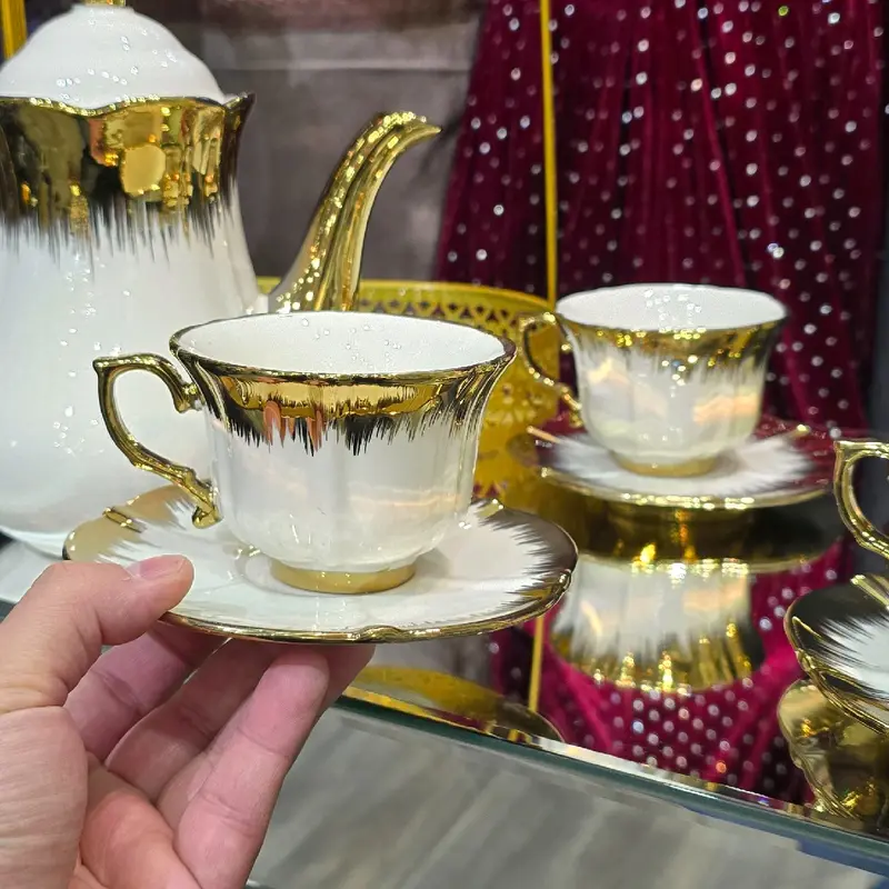 Elegant Turkish Ceramic Tea Set with Golden & Silver Accents and Stand for Tea Lovers - Teacup 3