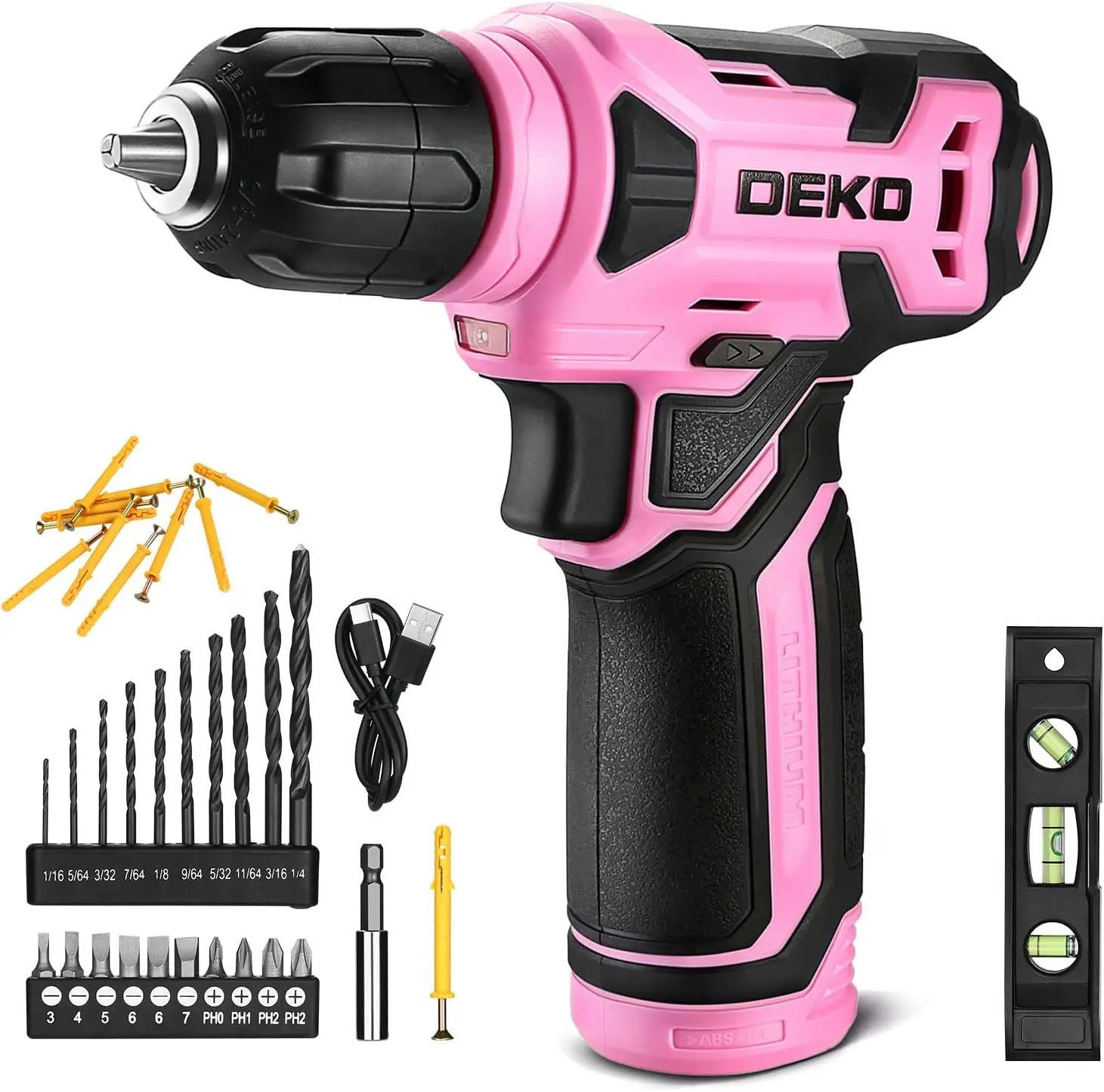 DEKOPRO 8V Cordless Drill | Drill Set with 3/8" Keyless Chuck | 42pcs Acessories | Built-in LED | Type-C Charge Cable | Pink Power Drill for Drilling and Tightening / Loosening Screws