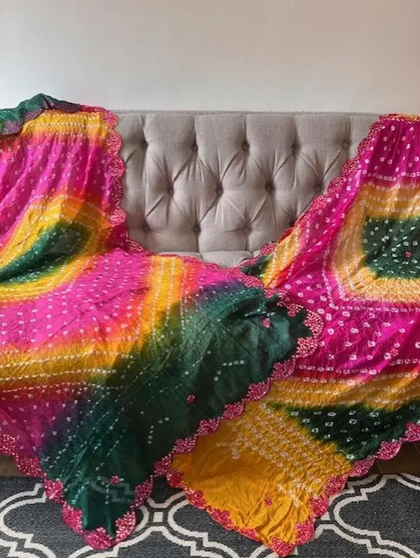 Multicoloured BANO print dupatta chunni scarf fancy. Available in 3 designs. Crushed Silk touch material. Approx L235cmxW90cm 0