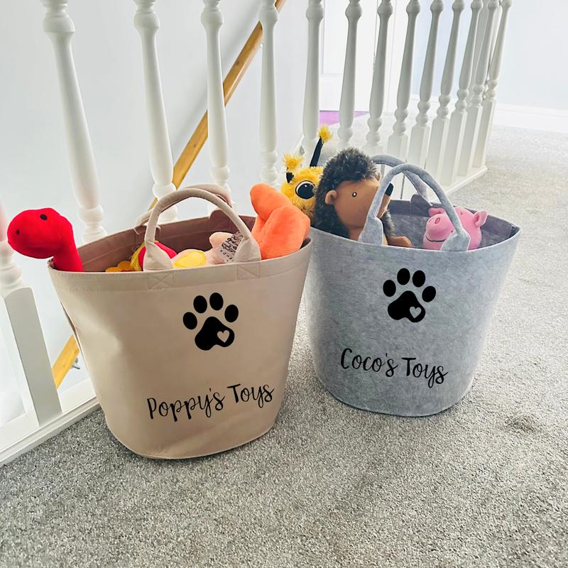 Personalised Dog Toy Basket Organiser - Felt - Grey or Beige Sand - Toy Box - Add your pet's name Gift 5