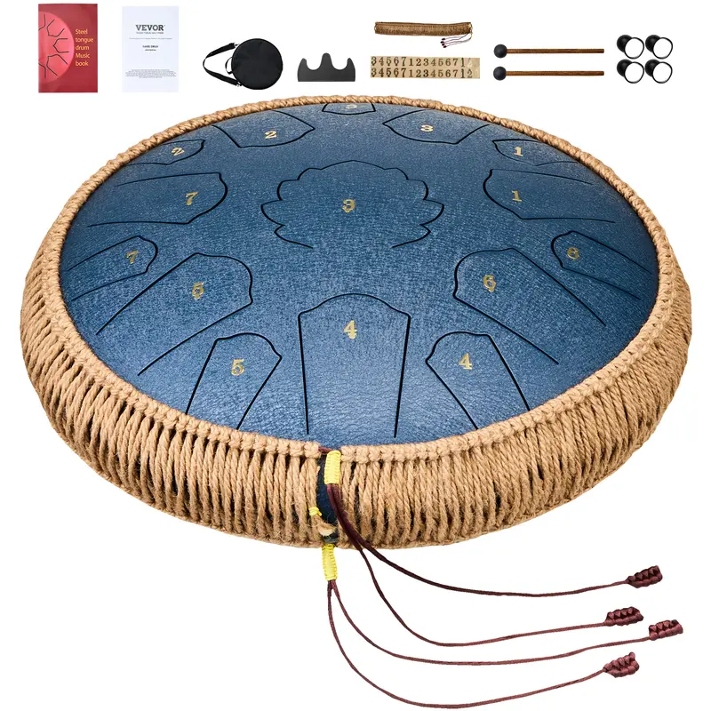 VEVOR Steel Tongue Drum, 14 in & 15 Notes, Rain Drum for Outside Garden, D Major Key, Tank Drum with 2 Mallets & Carry Bag, Hand Pan Drum Percussion Instrument for Musical Education Yoga, Navy Blue 8