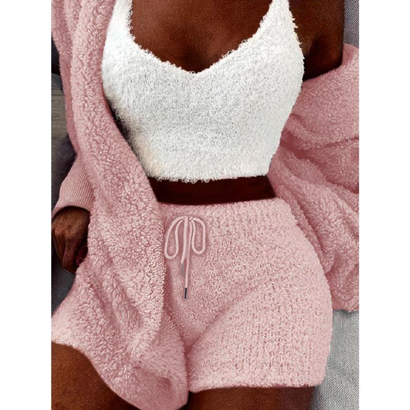 【2025】Warm Fuzzy Pajama Set, Long Sleeve Hooded Robe & Tank Top & Drawstring Shorts, Women's Sleepwear & Loungewear 3