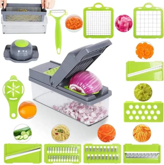 Multifunctional Vegetable Chopper Slicer with Interchangeable Blades and Storage Basket - 15 Pieces for Kitchen Tasks - Utensils, Peeling 0