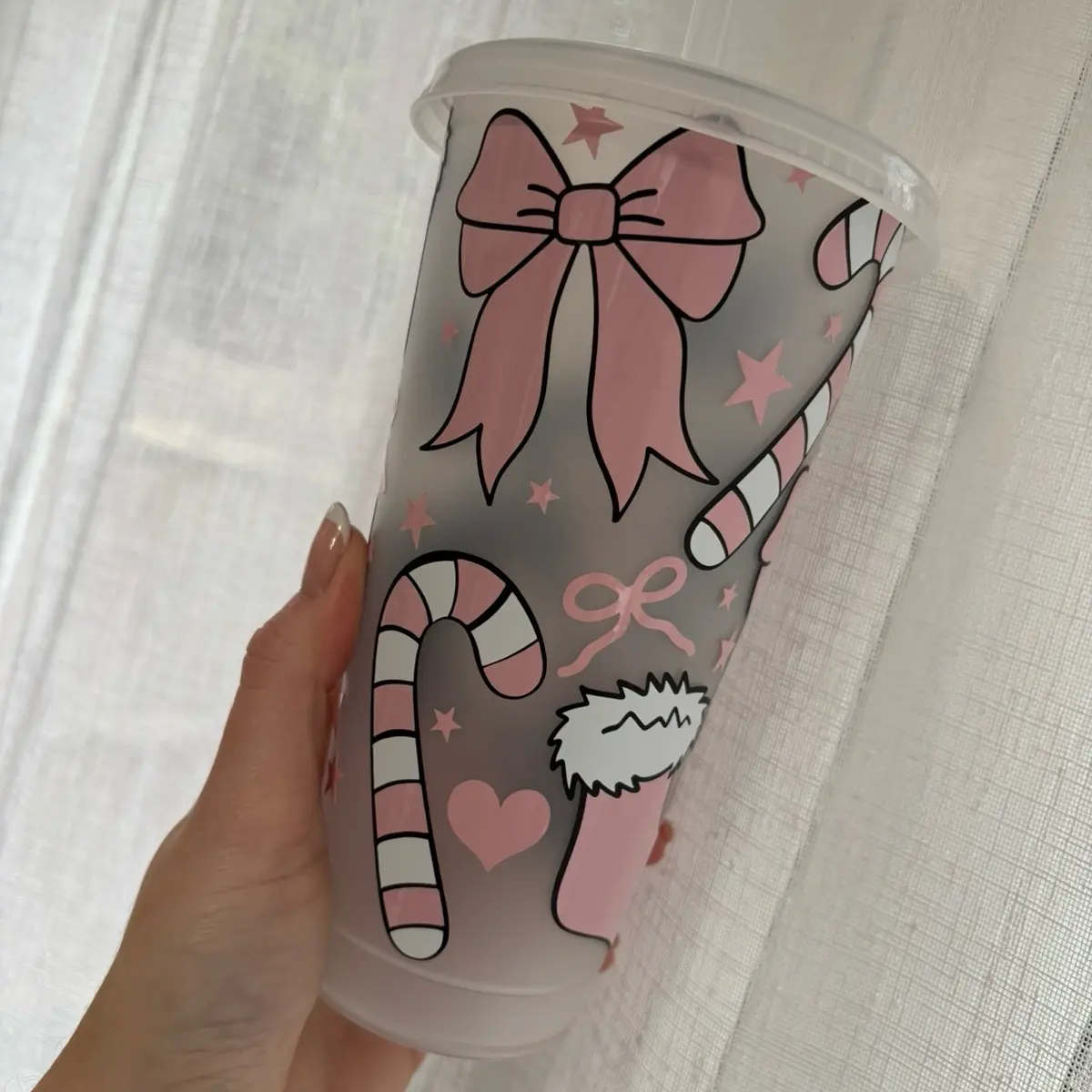 Pink Candy Cane Bow Design 24oz Cold Cup - Perfect for Drinks - Drinkware, Tumblers